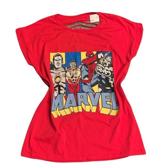 Marvel Comics Sz S/M Four Superheroes Slash Back Graphic Tee Red 199C - Picture 1 of 6